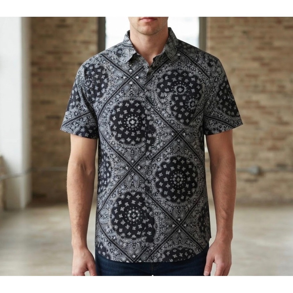 Eighty Eight Mens Bandana Marijuana Leaf Print Cotton Button Down Shirt Black L